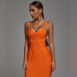 Bella Barnett Alix Orange Bandage Mini Dress Bodycon Zip Back Size Large NWT